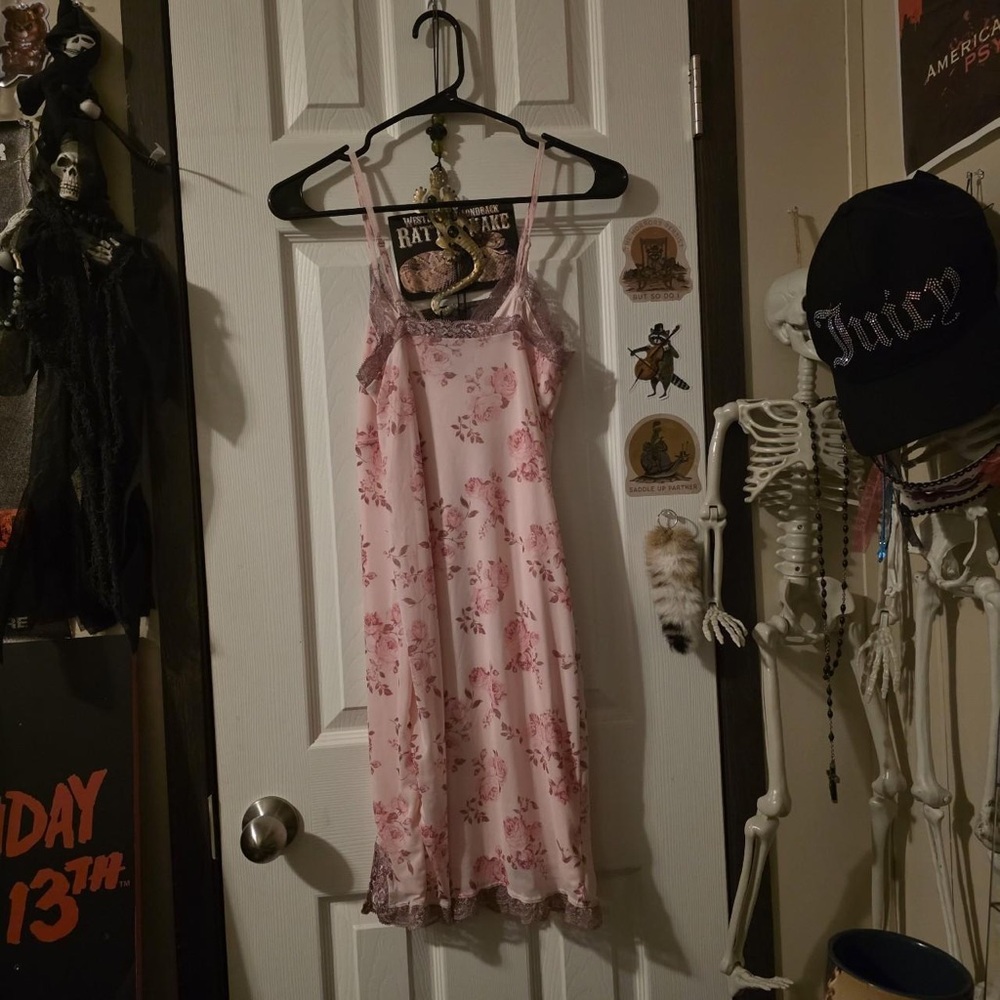wild fable Light Pink Floral Lace-Trim Slip Maxi Dress